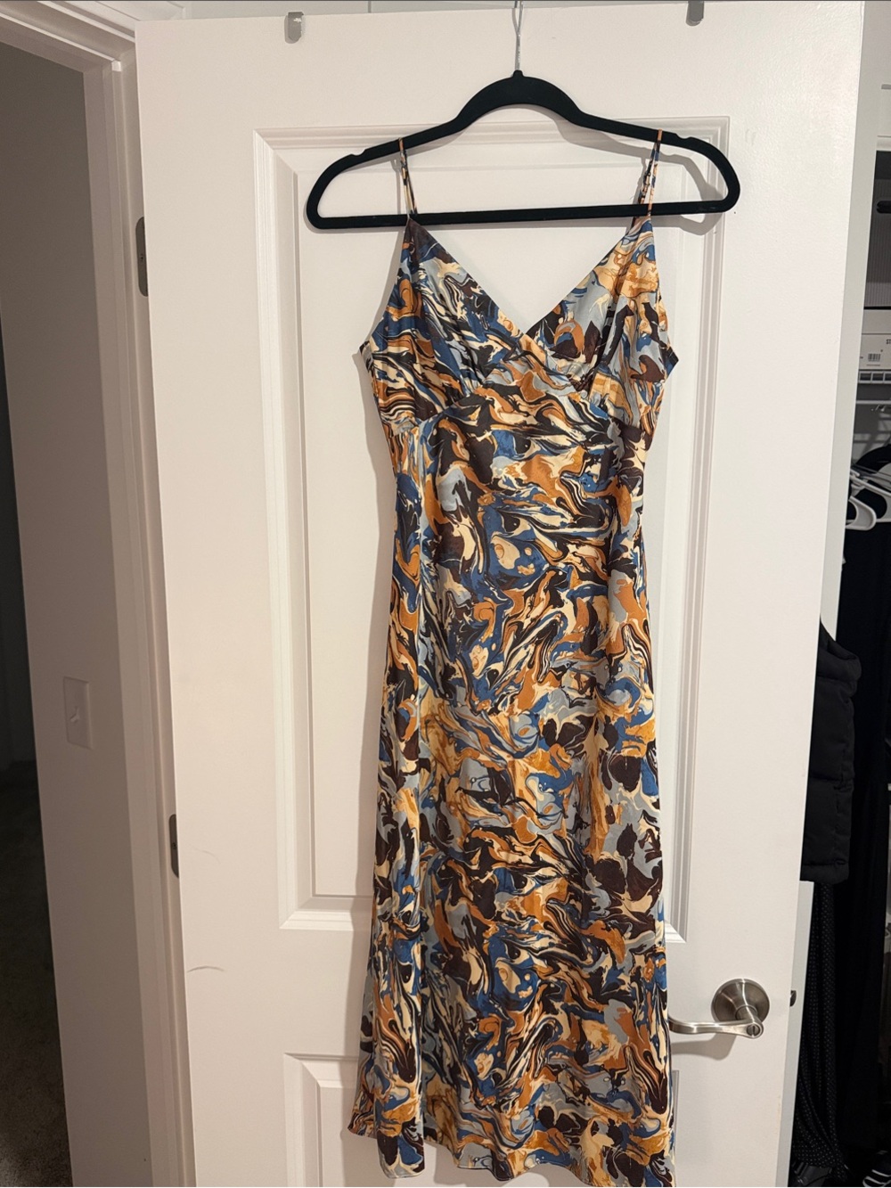 Slip Midi Dress with Blue and Gold Marble Print - Abercrombie and Fitch